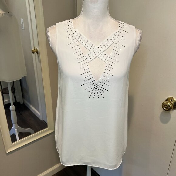 BCBGMaxAzria White Joline Studded Criss Cross Neck Blouse, Size XS - Picture 3 of 16